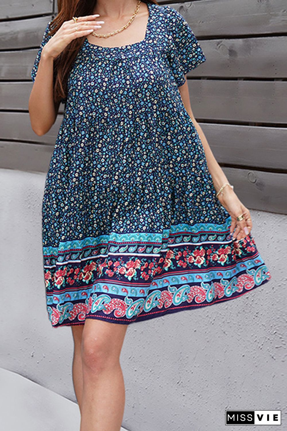 Vintage Print Square Collar Short Sleeve Midi Dress Wholesale