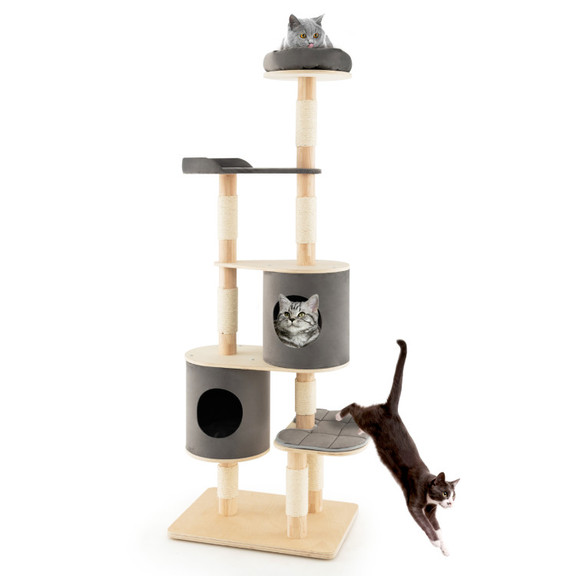 Costway 62913745 6 Tier Wooden Cat Tree with 2 Rem...