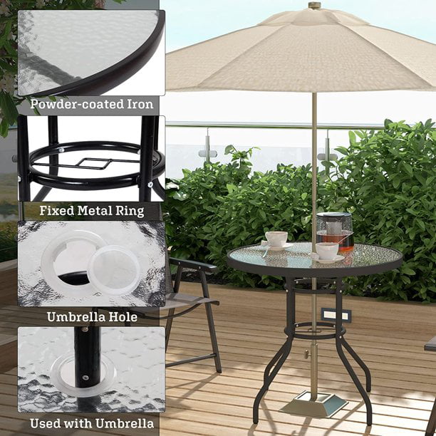 SogesPower Outdoor Round Tempered Glass Table Patio Metal Frame Dining Table with Umbrella Hole, All Weather Outside Table for Garden, 31.5inch Black