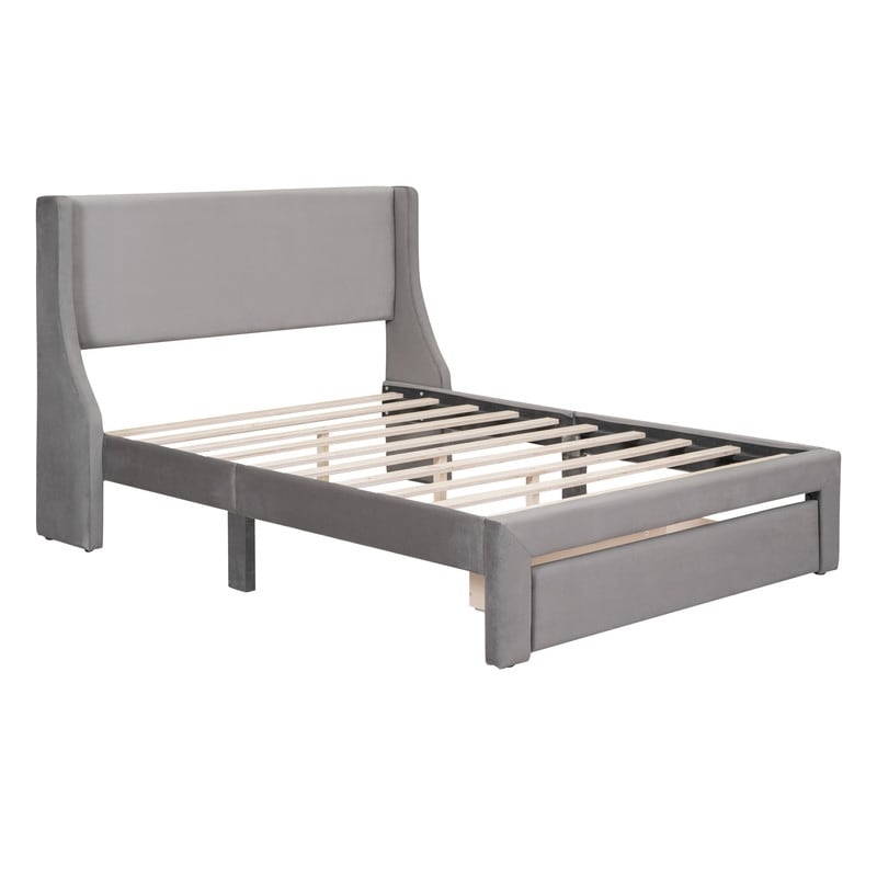 Full Size Bed Frame with A Storage Drawer  Velvet Upholstered Platform Bed with Wingback Headboard and Slat Support