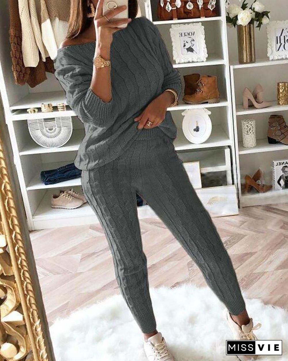 Solid Ribbed Knitting Casual Sweater & Pants Sets