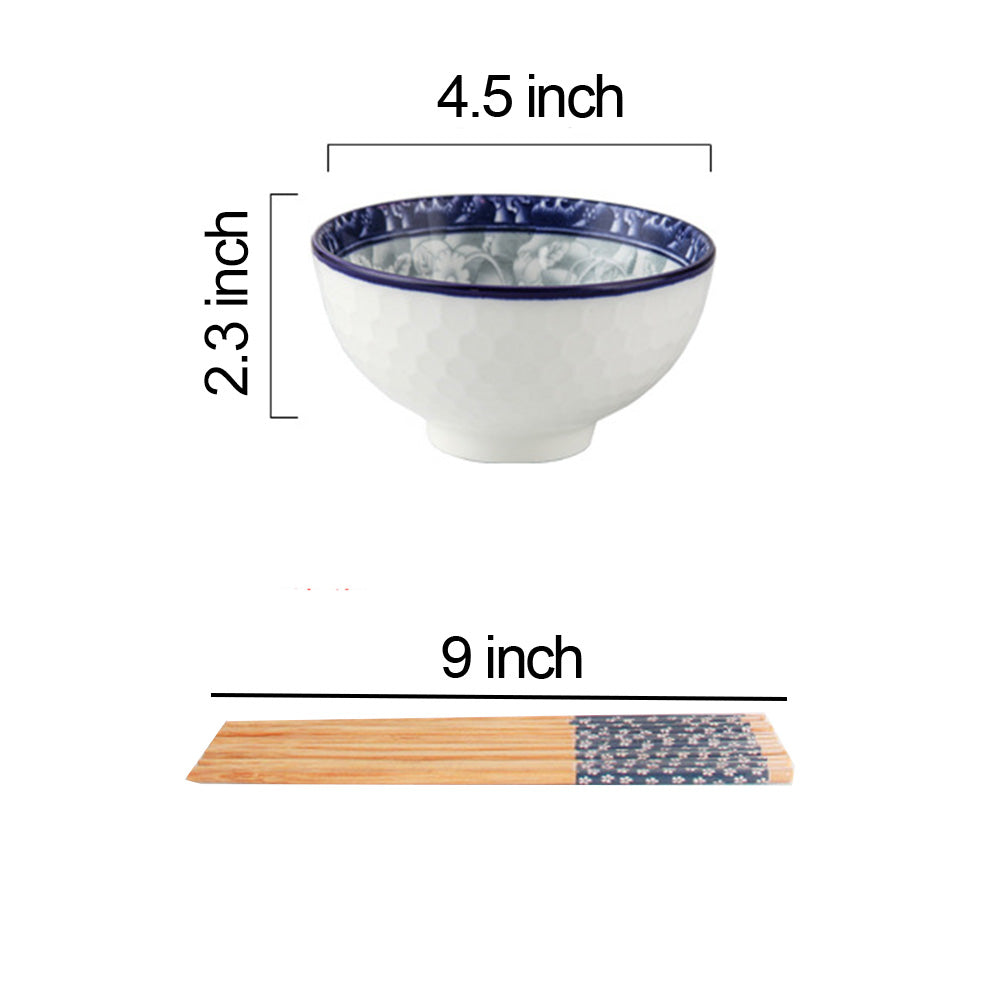 Oriental Mixed Floral 4pcs Bowl Set with Chopsticks for Rice Soup Snack Cereal Glossy Ceramic Dishwasher Safe Porcelain Bowls in Gift Box - Flower Design