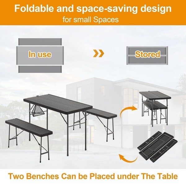 3Pieces Foldable Outdoor Patio Dining Set，Faux Rattan Tabletop