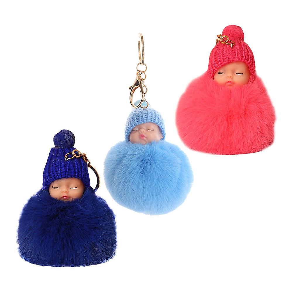 3pcs Lovely Hair Balls Key Ring Decorative Sleeping Doll Keychain (random Color)