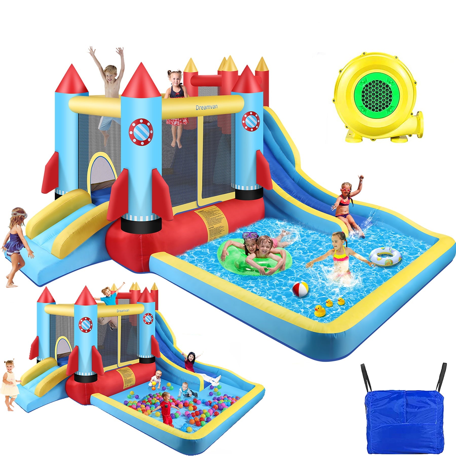 4-in-1 Children's Bounce House Giant Inflatable Slide Bouncy Castle with Large Pool, Climbing Wall, Bouncing Area,2X Long Slide PVC Inflatable Bouncers Ages 3-12 Years