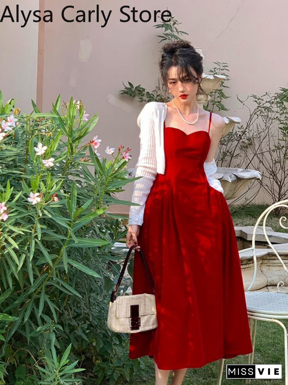 Summer French Vintage Strap Dress Women Red Elegent Korean Party Midi Dress Female Sexy Backless Evening Beach Fairy Dress