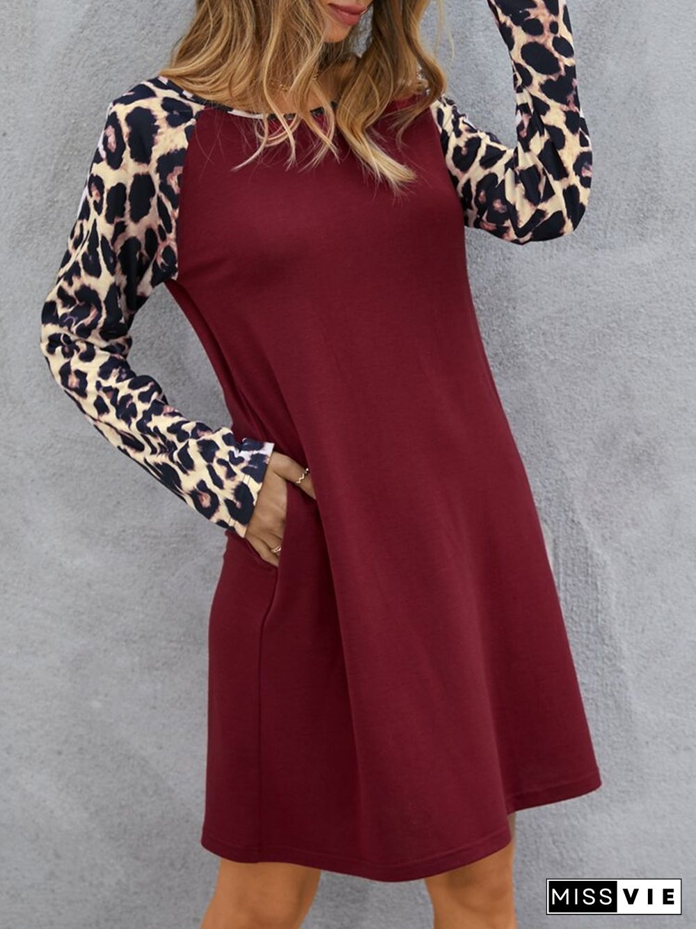 Leopard Print Patchwork Long Sleeve Pocket Casual Dress for Women