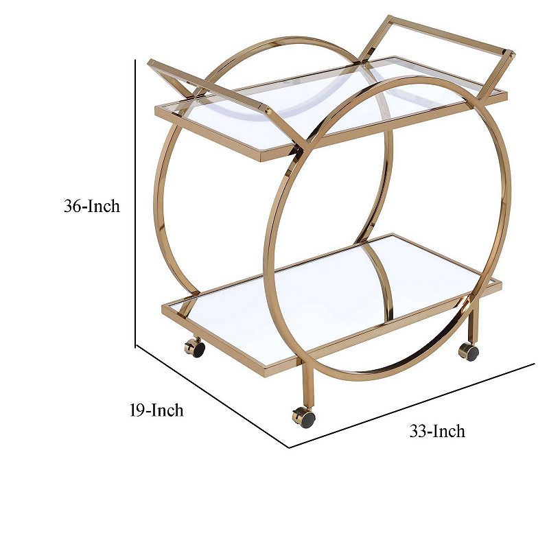 Metal Serving Cart with Mirrored Open Shelf and Tubular Angled Handles， Gold and Clear