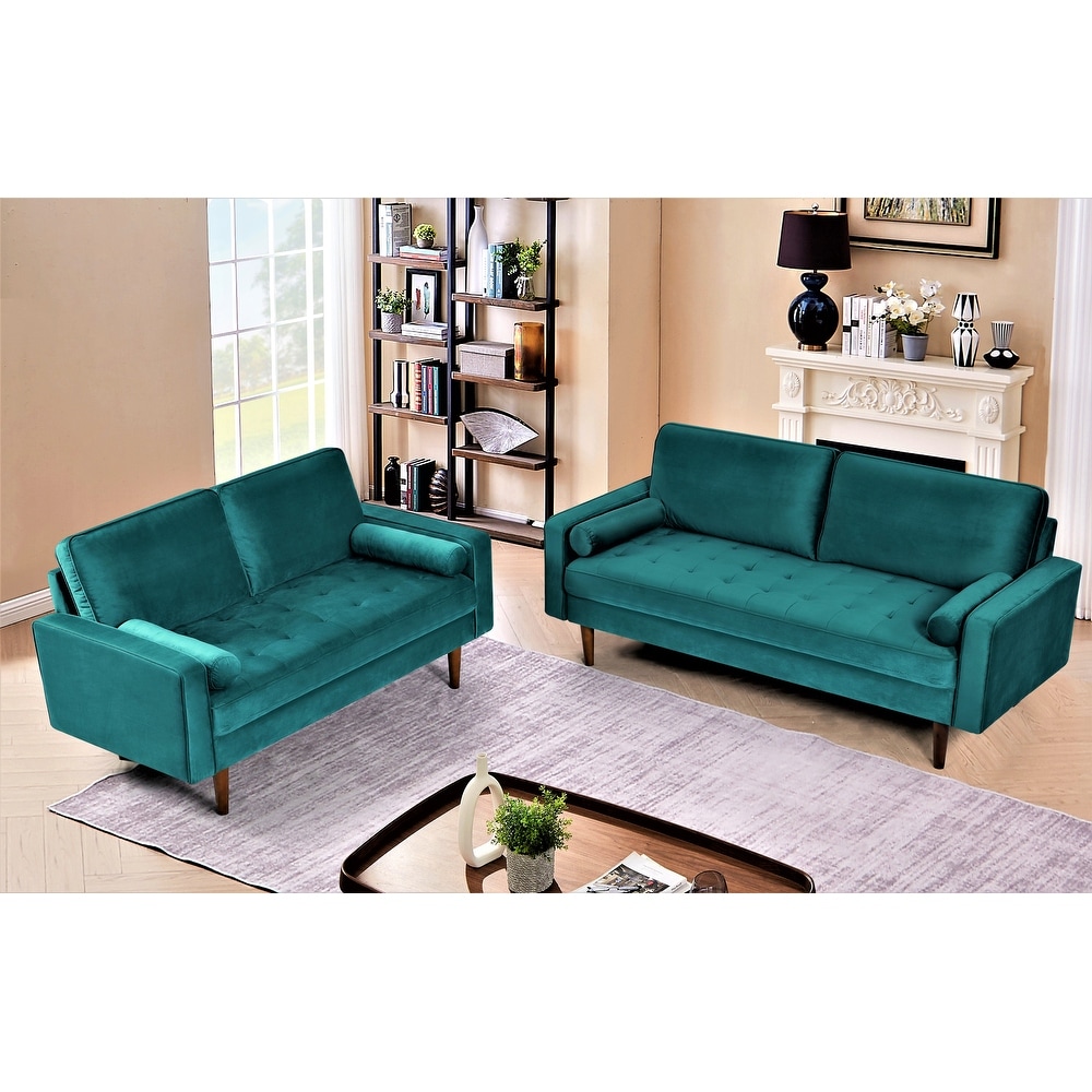 Monahan Wood Frame Velvet Tufted 2 PCS Living Room Set  Sofa   Loveseat