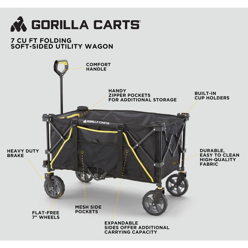 GORILLA CARTS 7 Cu. Ft. Collapsible Folding Outdoor Utility Wagon with Oversized Bed Black GCSW-7P