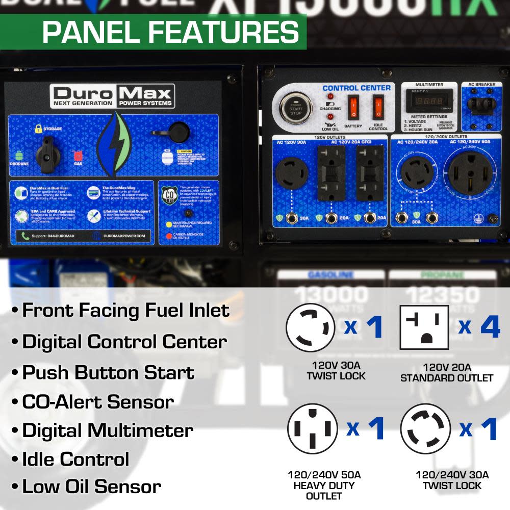 DuroMax Generator with CO Alert 13000Watt 500cc Dual Fuel Gas Propane Portable ;