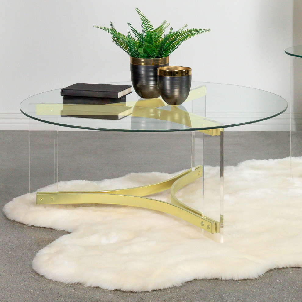 Janessa Round Glass Top Coffee Table With Acrylic Legs Clear and Matte Brass   Modern   Coffee Tables   by Modon  Houzz