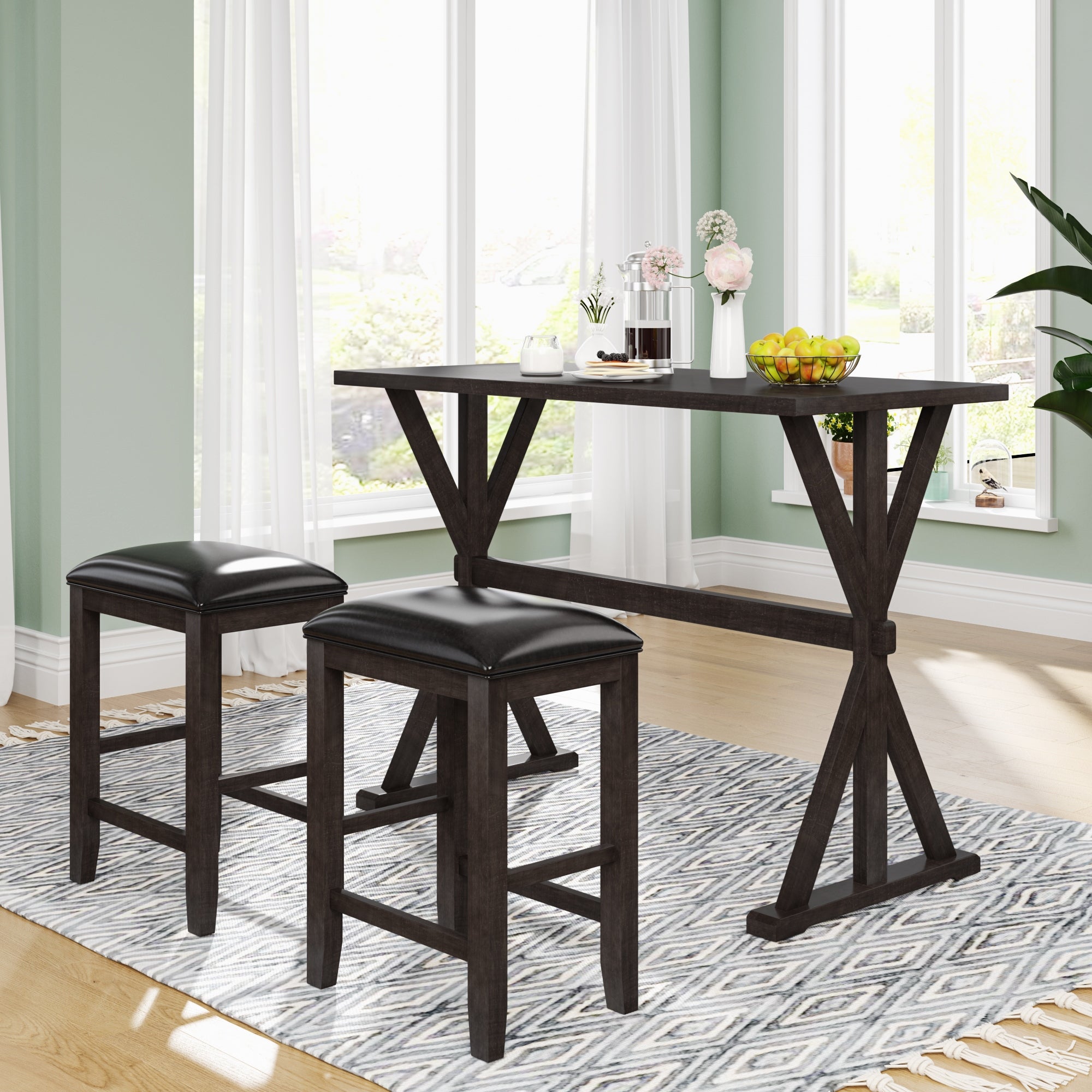 3-Piece Counter Height Wood Kitchen Dining Table Set with 2 Stools