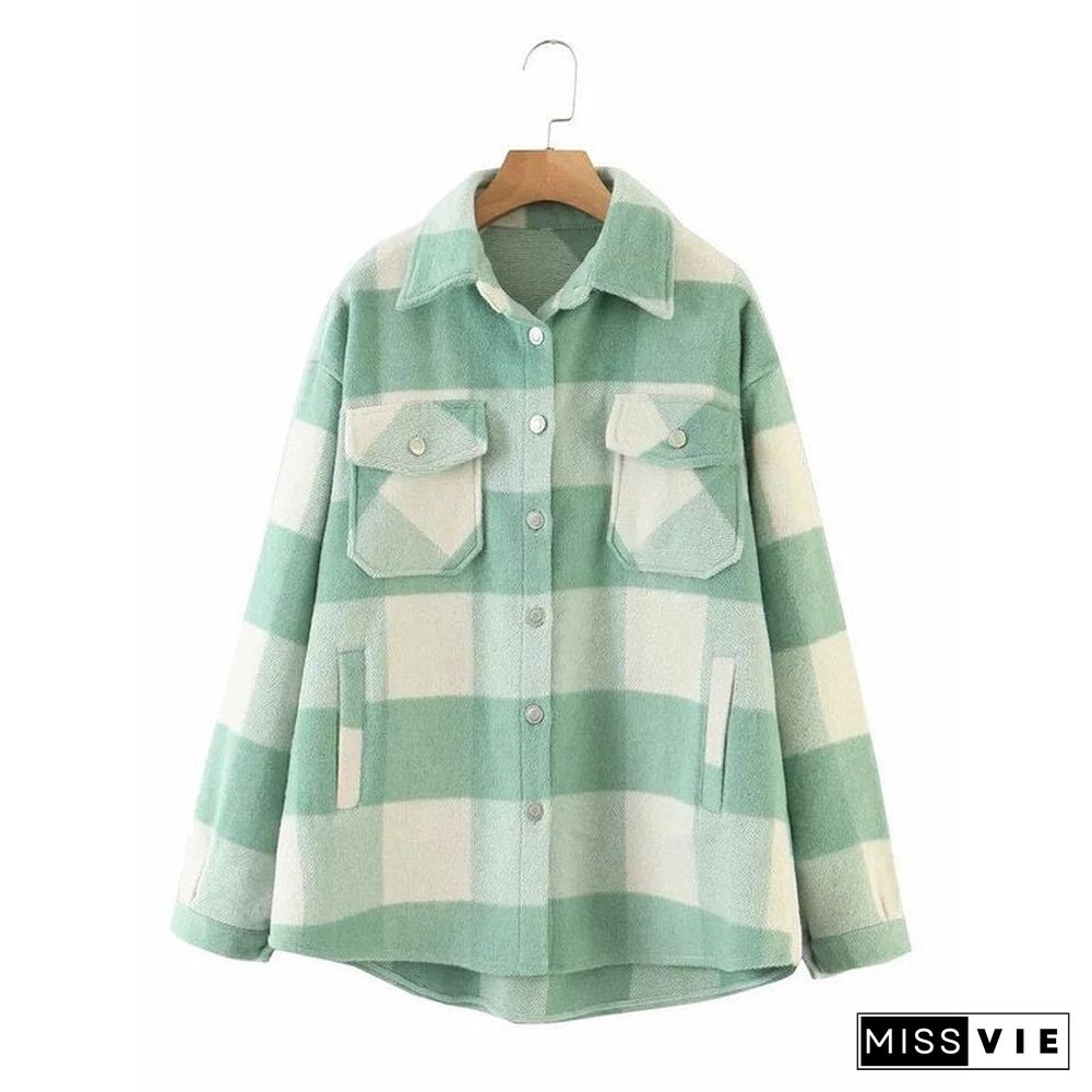 Womens Plaid Shirt Jacket Coat Ladies Pockets Thick Turn Down Collar Plus Size Female Outerwear