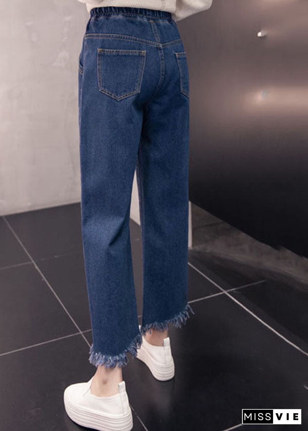 Loose Denim Blue Elastic Waist Drawstring Tassel Pockets Cotton Wide Leg Pants Summer