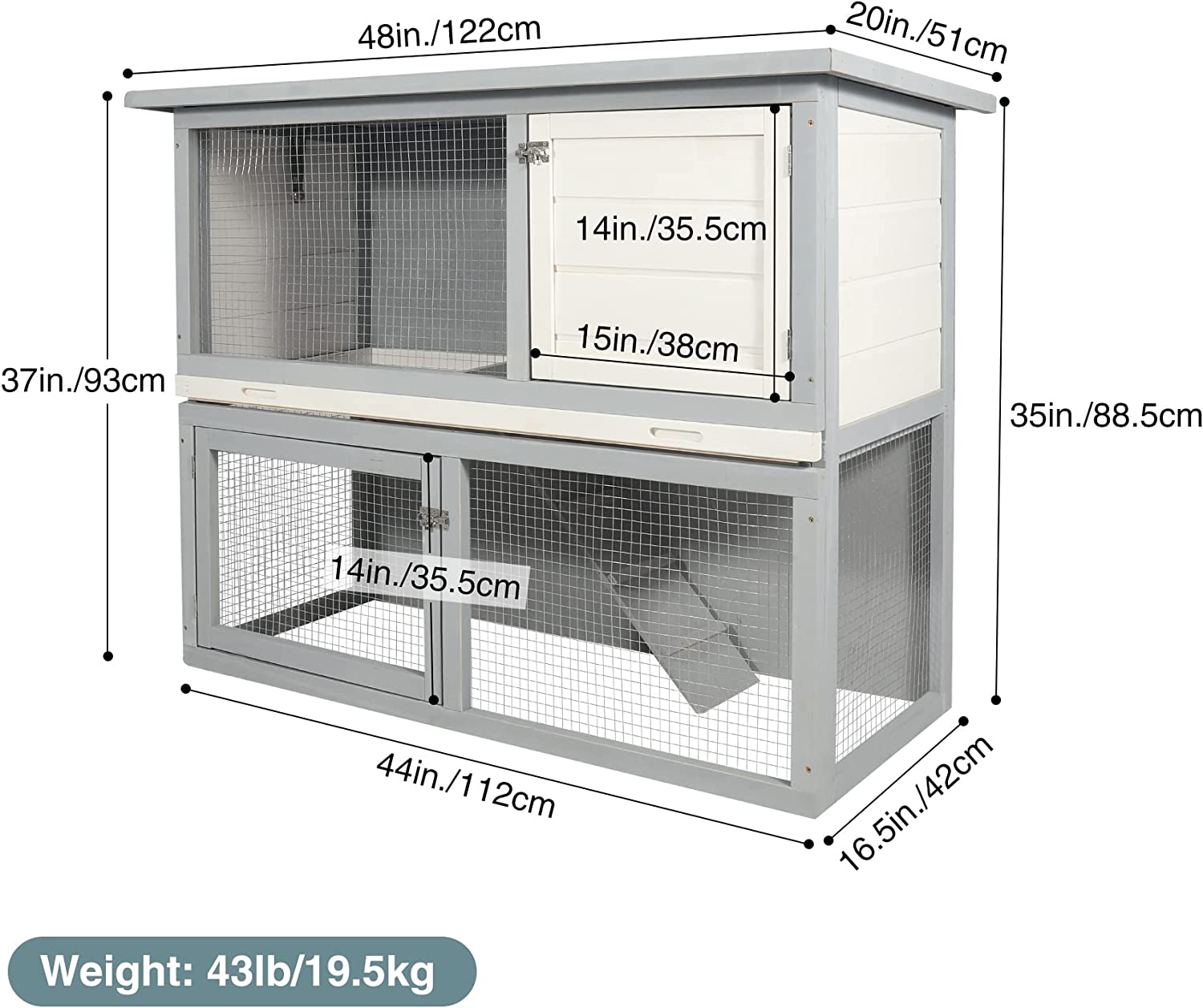 Lineslife Large Rabbit Hutch Without Wire Bottom for Outdoor， 48'' Weatherproof 2 Story Bunny Cage for 2~4 Rabbits with Pull Out Tray and Run， Grey