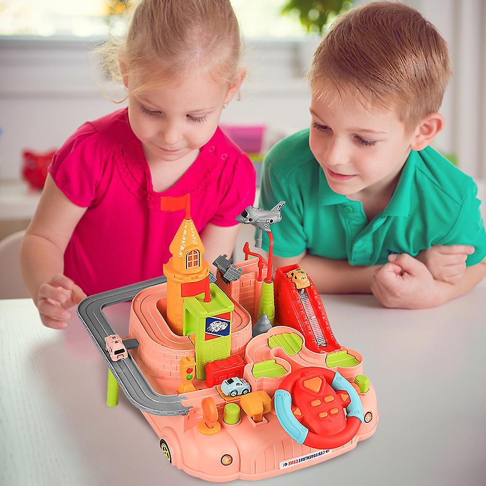 Car Track Adventure Toy Set For Children Mountain Road Theme Auto Adventure Toys Puzzle Game 6 Levels Children Intelligence Toys With 3 Vehicles Pink