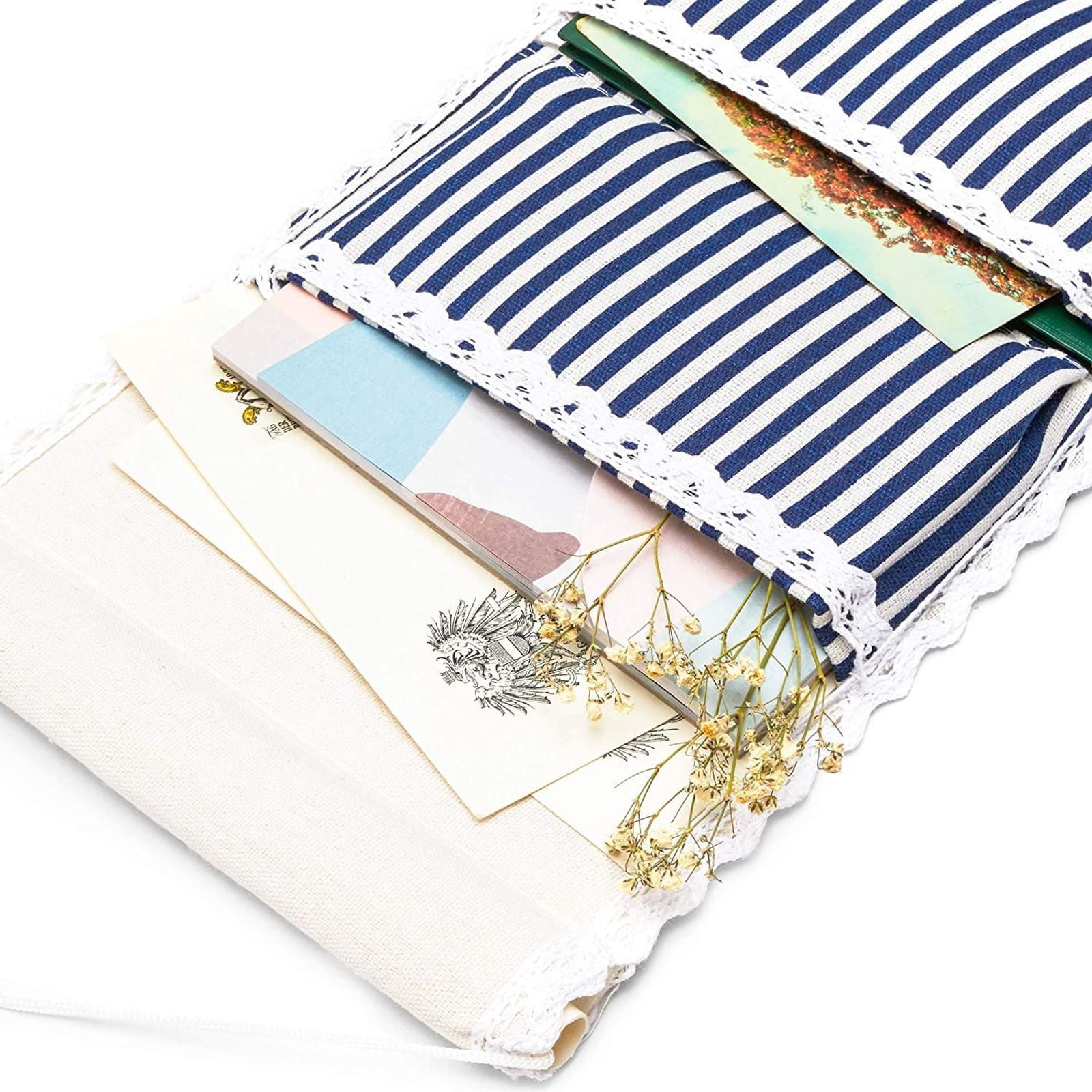 2-Pack Over the Door Closet Wall Hanging Organizer, Wall Mounted Storage Bag Case 5 Pockets Lined Cotton Fabric, Blue Stripes 8”x26”