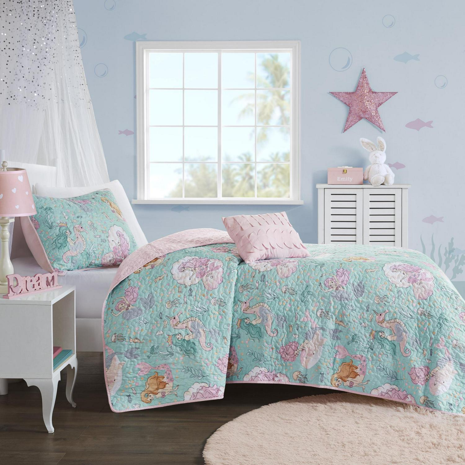 Home Essence Kids Livia Mermaid Print 3 Piece Cotton Filled Quilted Coverlet Set， Twin