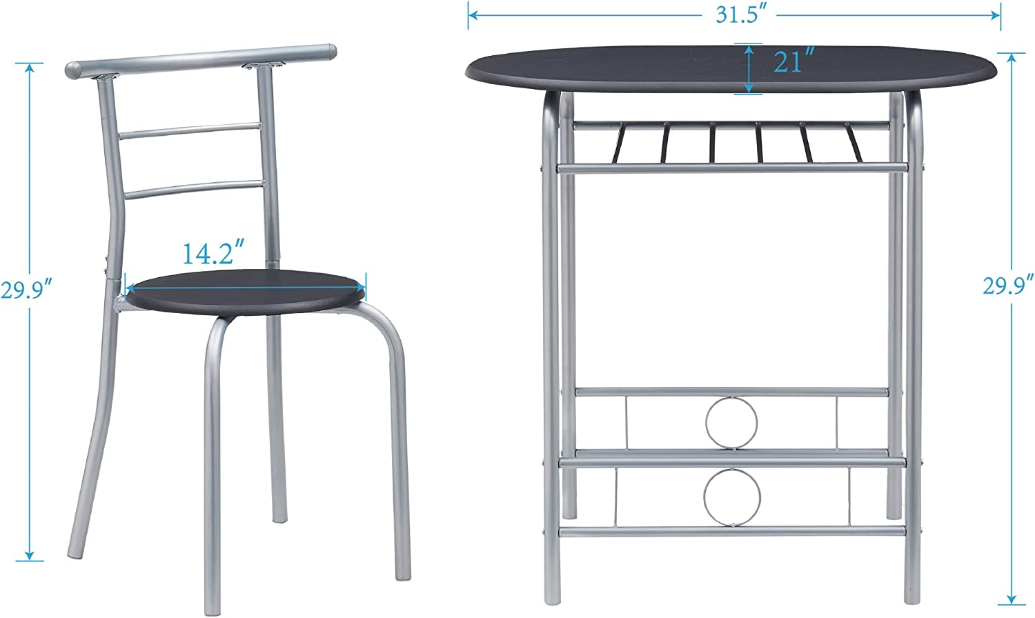 VECELO 3 Piece Wood Round Table and Chair Set for Dining Room Kitchen Bar Breakfast， with Wine Storage Rack， Space Saving， 31.5， Black