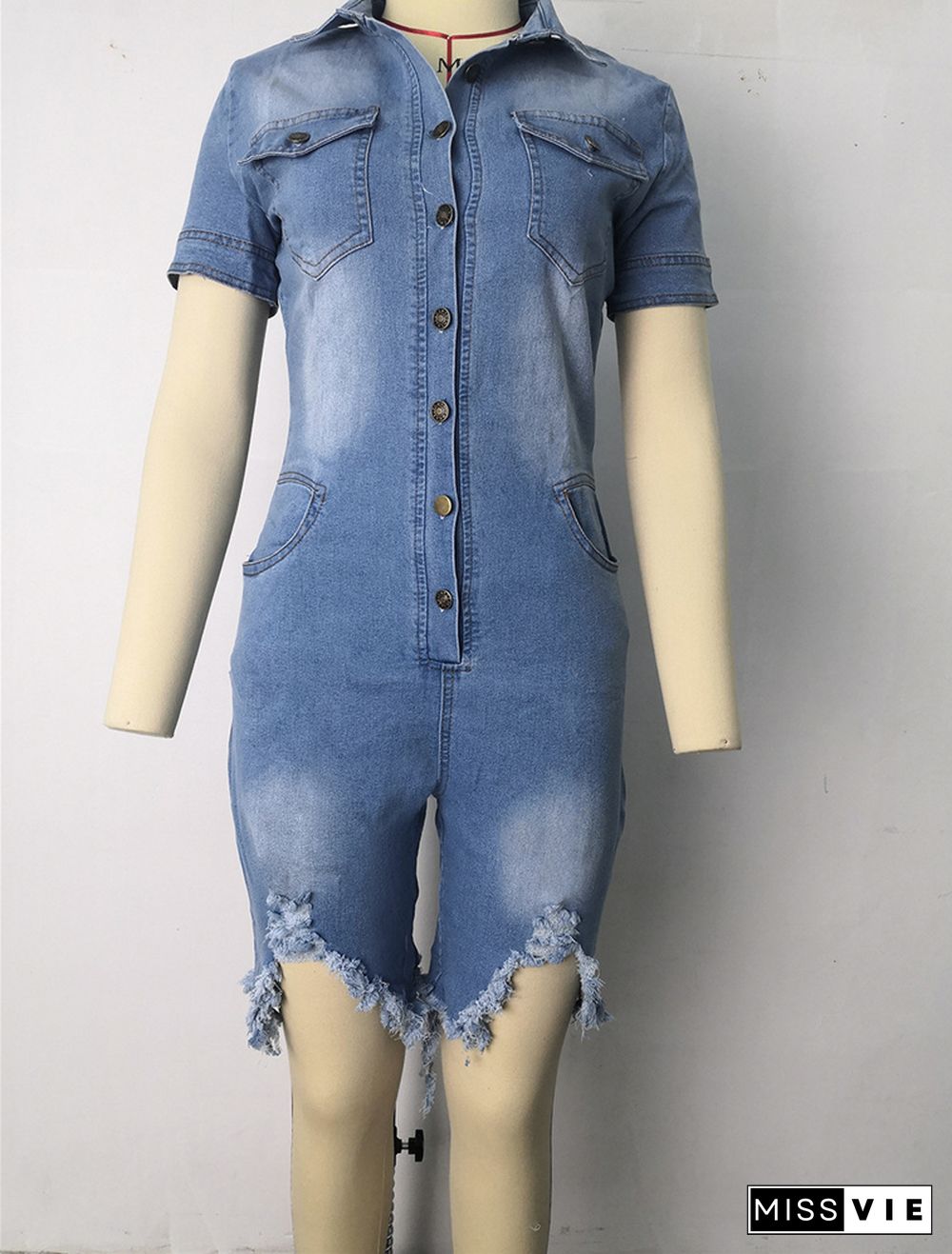 Short Sleeve Ripped Holes Button Denim Rompers