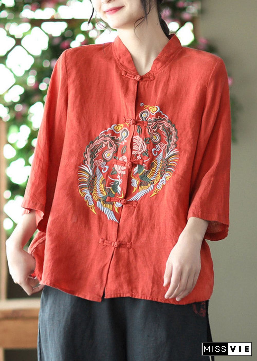 DIY Red Stand Collar Embroideried Linen Shirts Long Sleeve