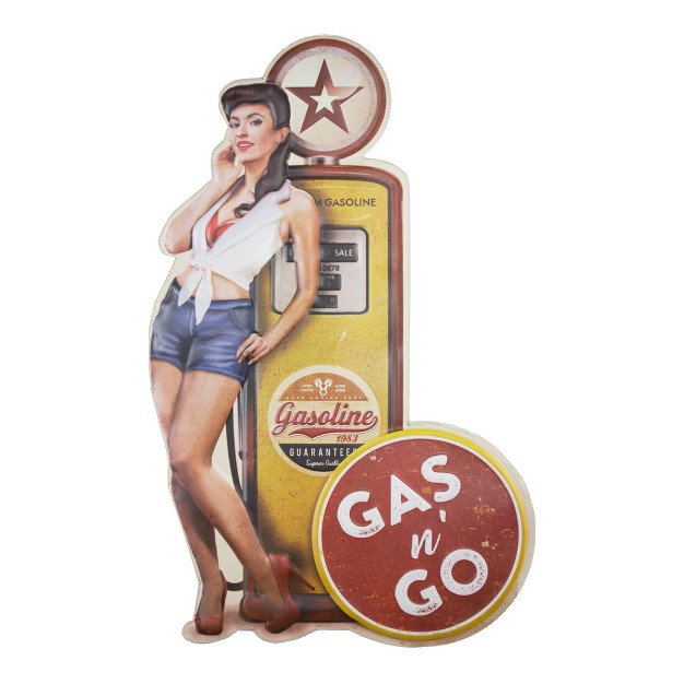 X 12 quot Gas N Go Pinup Embossed Metal Sign Yellow American Art Decor