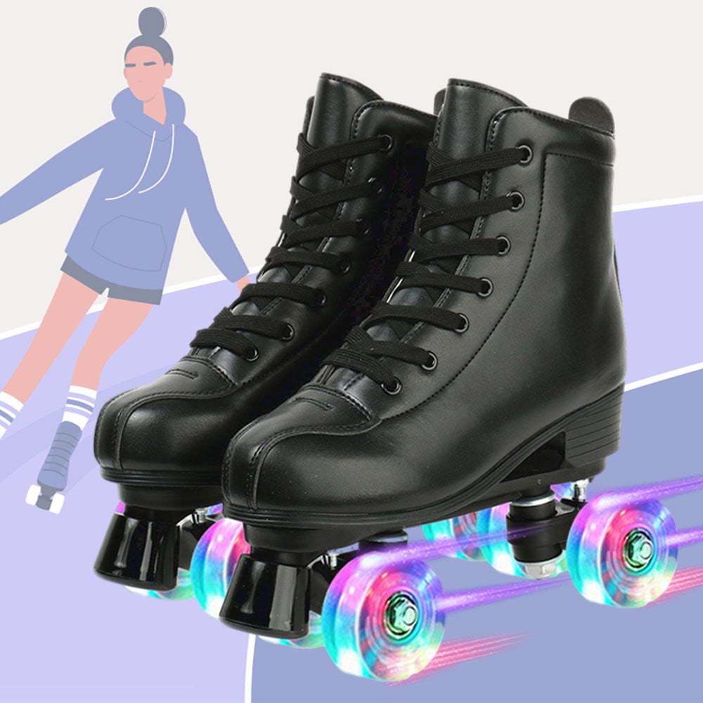 Women's Roller Skate Classic High-top Quad Skates Four-Wheel Shiny Roller Skates for Adults， Black， Female， 8