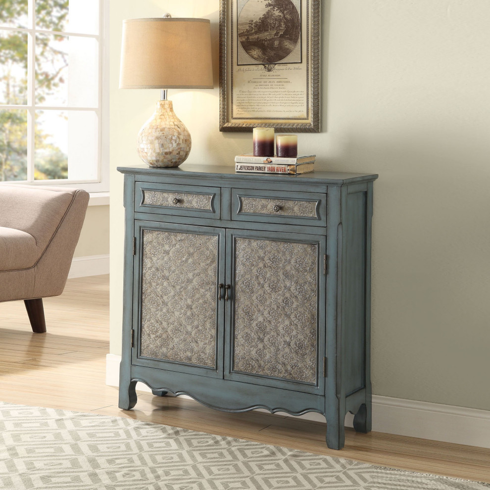 Tall Console Table  2 Cabinet Doors  amp2 Drawers With Floral Front  Antique Blue   Farmhouse   Console Tables   by Decor Love  Houzz