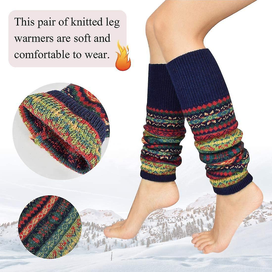 Women Leg Warmer Striped Ethnic Knitting Wool Footless Knee High Boot Socks