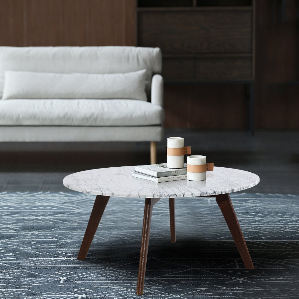 Mid Century Coffee Table  Angled Legs With Gorgeous Marble Top  Walnut/White   Midcentury   Coffee Tables   by Declusia  Houzz