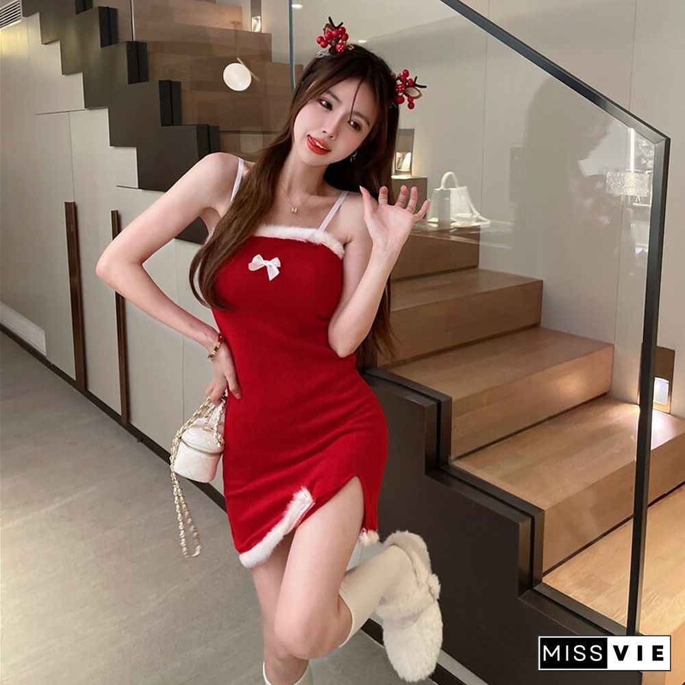 Autumn Sexy Christmas Sleeveless Dress Women Casual Slim Mini Dress Solid Red Camis Dress Korean Fashion Street Wear New