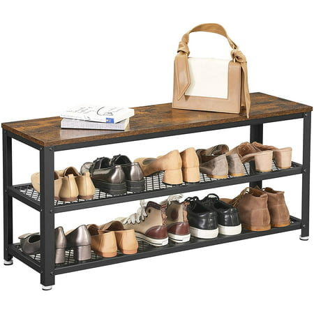 VASAGLE 3-Tier Shoe Rack Bench  39.4” Long 12 Pair of Shoes Shelves Storage Bench with Metal Mesh Shelves and Seat for Entryway Rustic Brown and Black