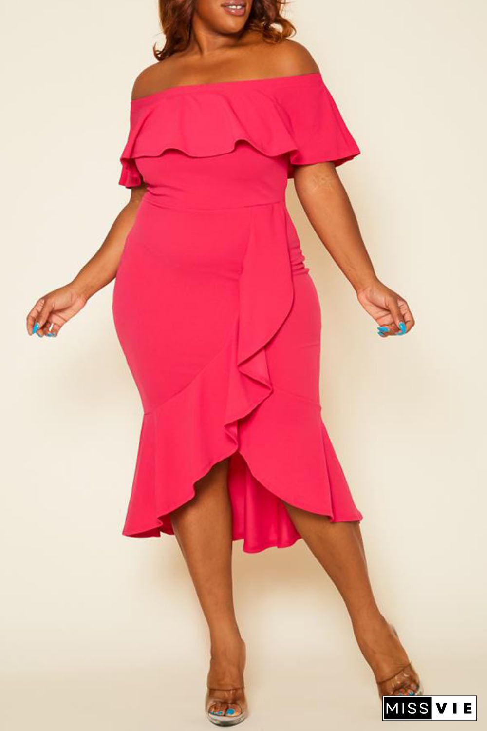 Rose Ruffled Off Shoulder High Low Plus Size Dress