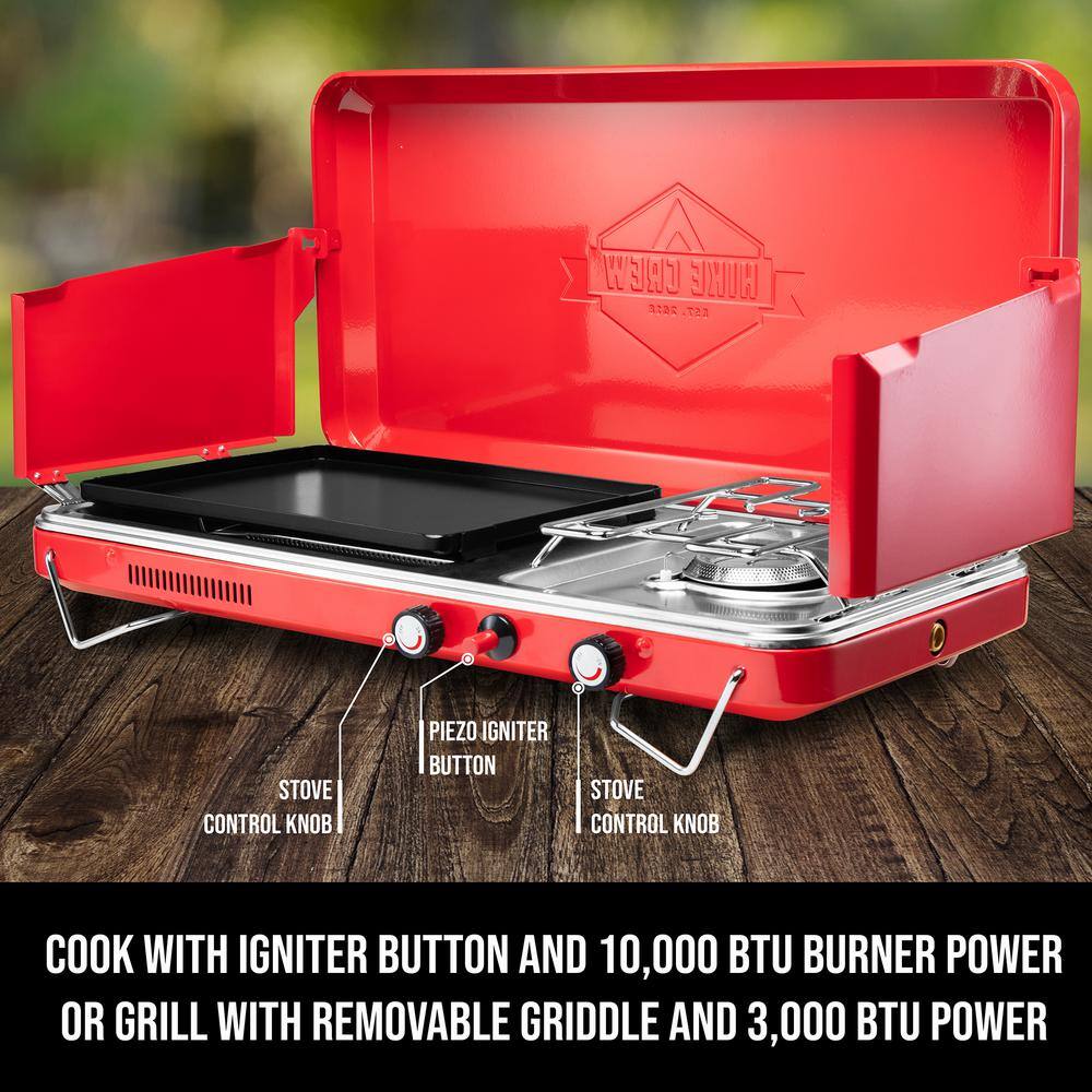 HIKE CREW 2-in-1 Camping Portable Propane Stove with Grill and Integrated Igniter HC1B1FWI