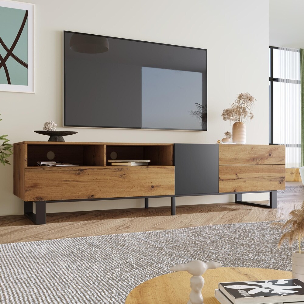 Contemporary TV Stand for 80 inch TVs   Double Storage Space  Modern Minimalist Style  Drop Down Doors  Cable Management