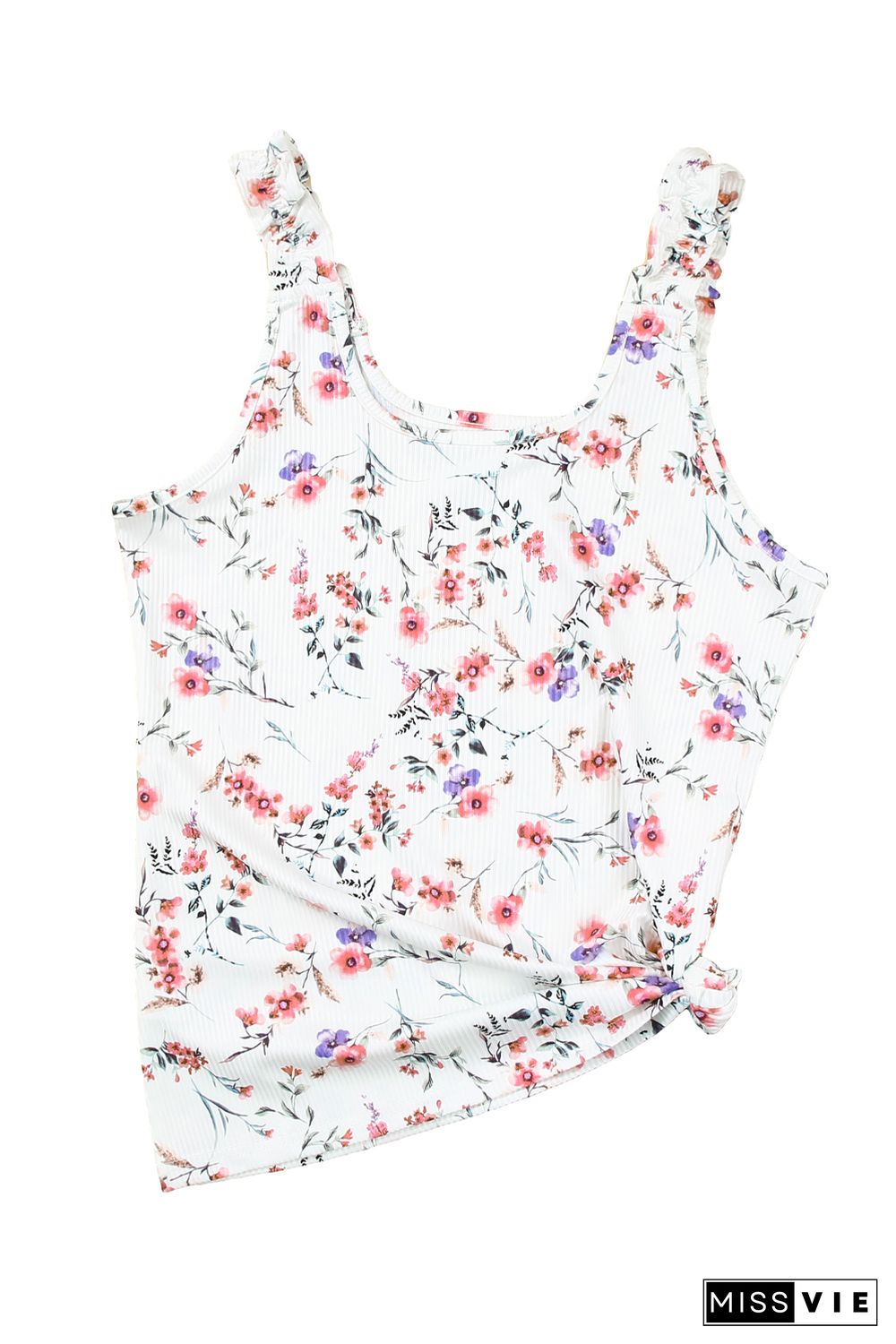 White Ruffle Straps Floral Rib Knit Tank Top