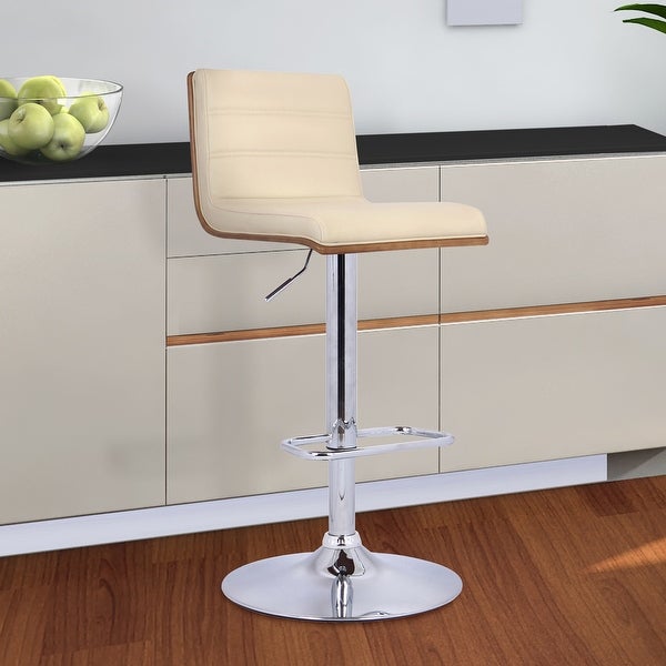 Cream Faux Leather Walnut and Chrome Adjustable Swivel Bar Stool - 42