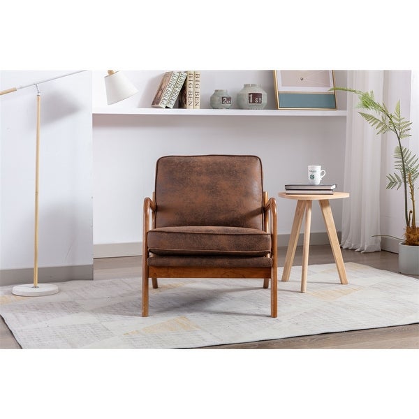 Mid-Century Modern Lounge Armchair Arm Chair with Wood Frame and Vintage Cushions for Living Room， Coffee Microfiber