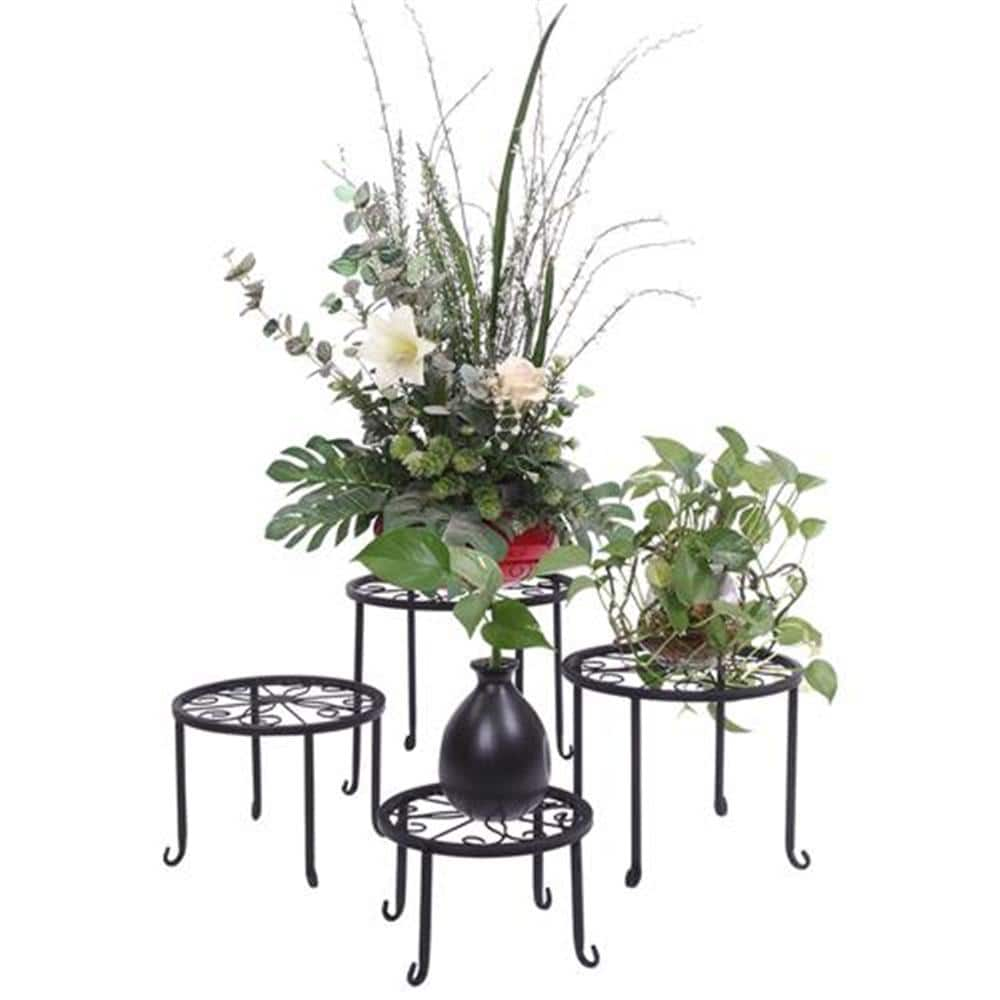 Winado Plant Stand 10 in. Black 10 in. H Round Pattern Metal Indoor Plant Stand 4-Tiers 302994561025