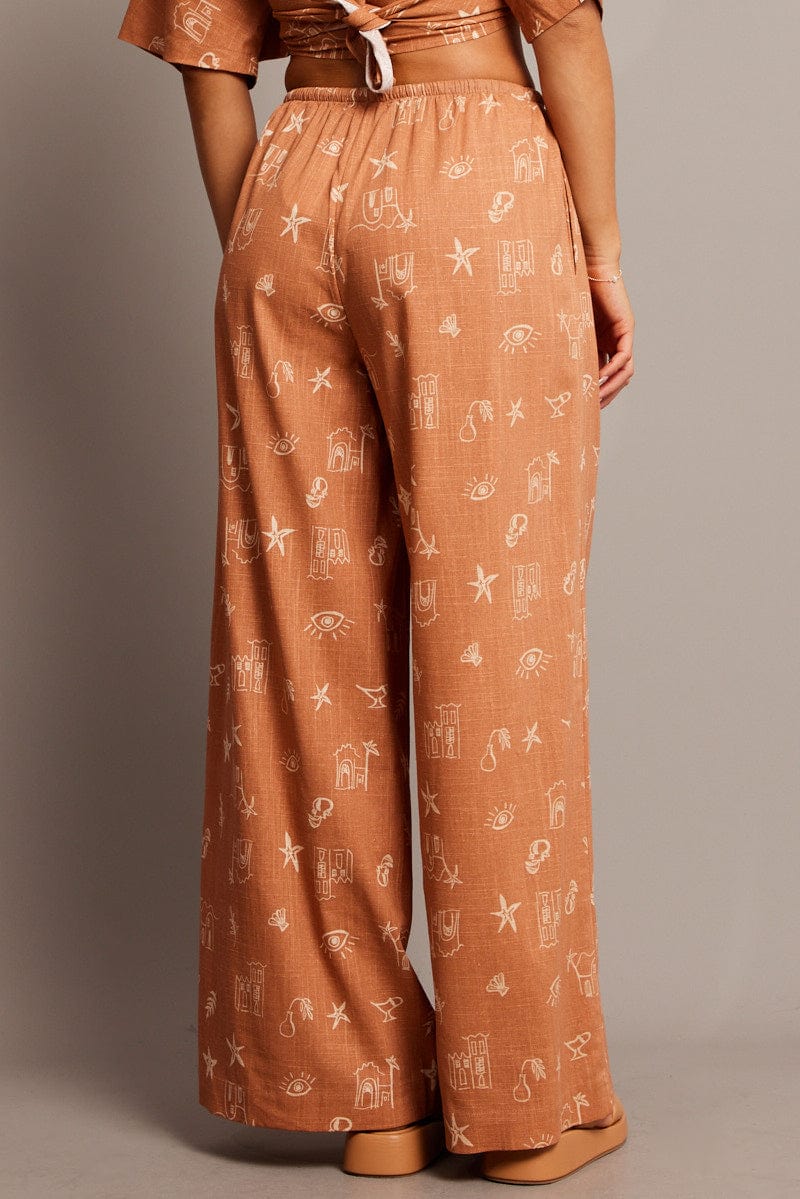 Brown Abstract Wide Leg Pants High Rise