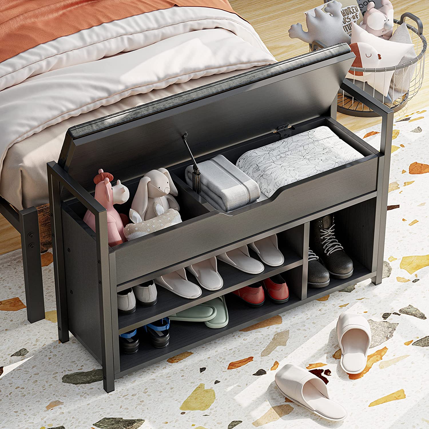 Shoe Storage Bench, Entryway Bench with Storage Box 2-Tier Shoe Rack for Entryway, Bedroom, Hallway