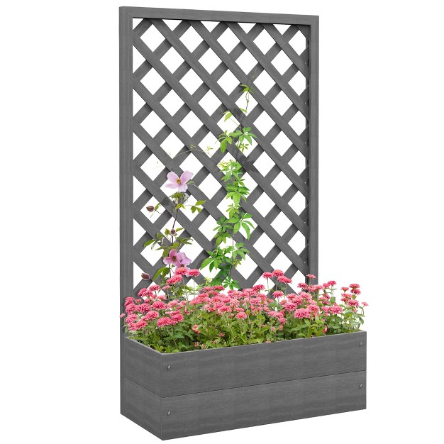 Outsunny Raised Garden Bed W/ Trellis Lattice， Drainage Gap， Freestanding Trellis Planter For Climbing Plants， Vines， Flowers， Dark Gray