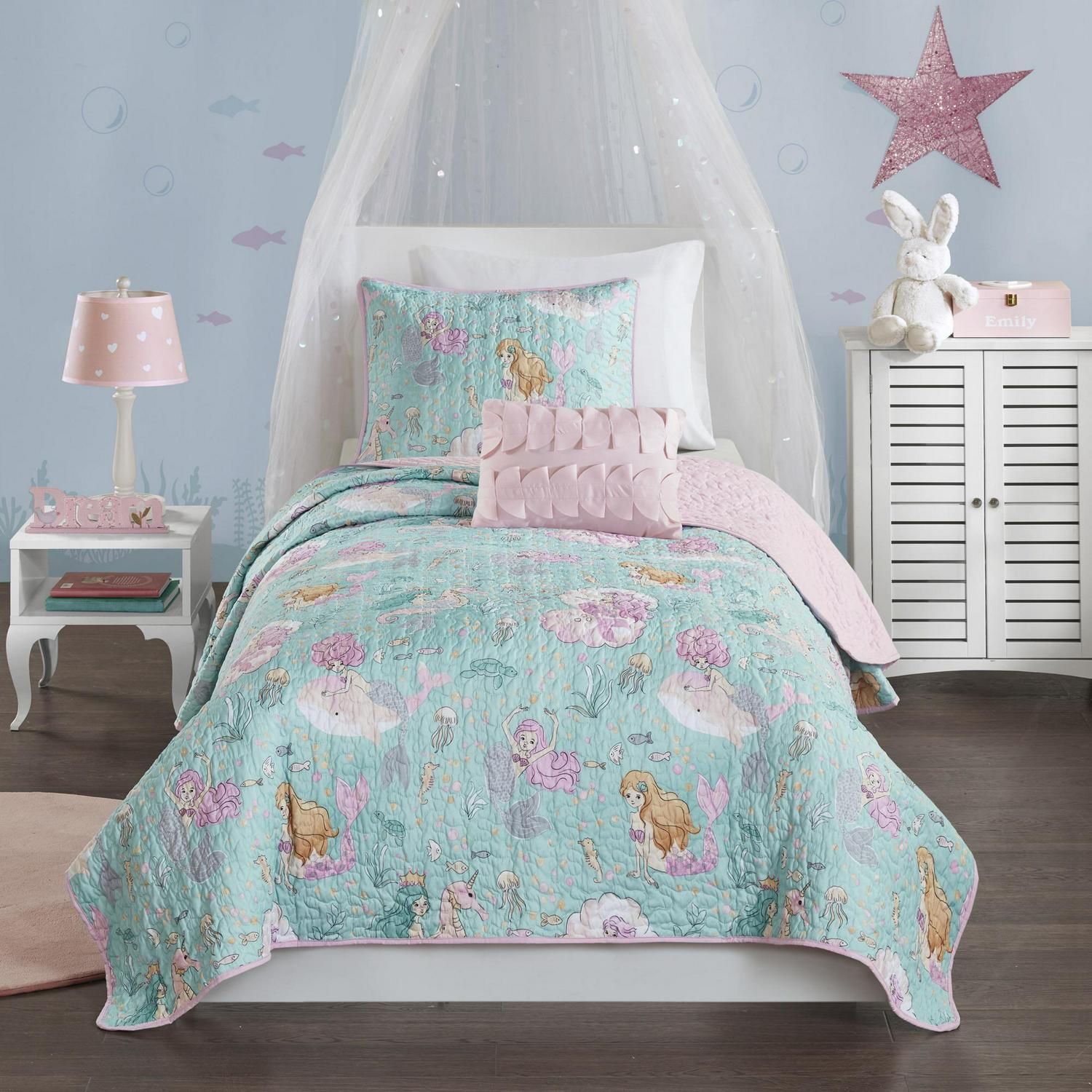 Home Essence Kids Livia Mermaid Print 3 Piece Cotton Filled Quilted Coverlet Set， Twin