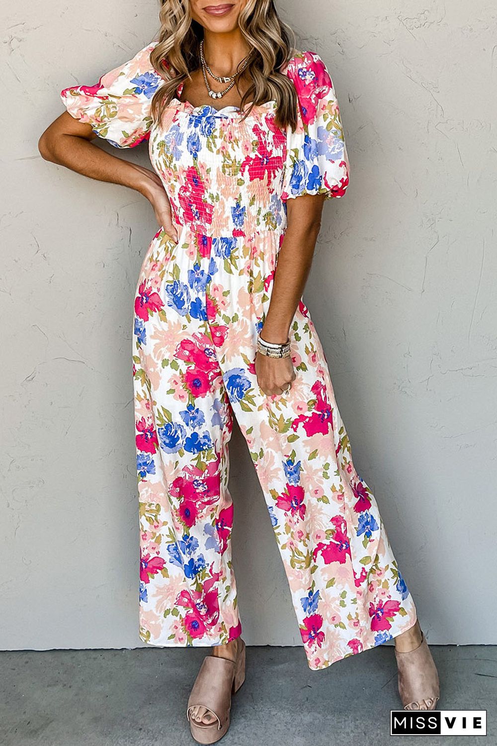 Multicolor Floral Print Smocked Puff Sleeve Jumpsuit