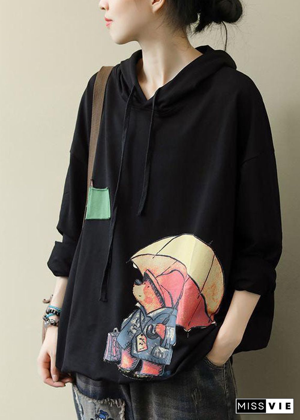 Women Black Hooded Cotton Sweatshirt Street wear Spring