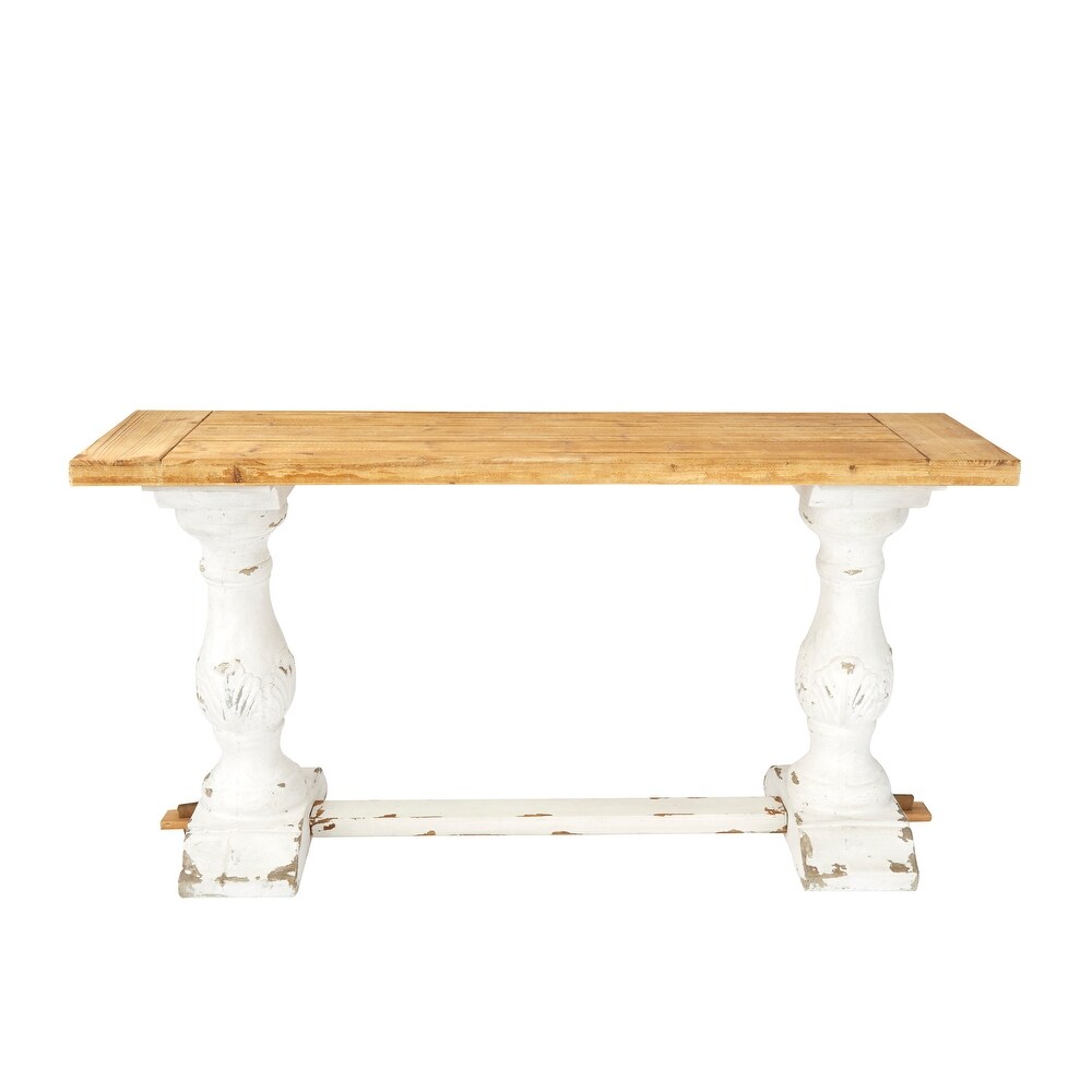 White Wood Distressed Console Table with Brown Wood Top   59 x 16 x 29