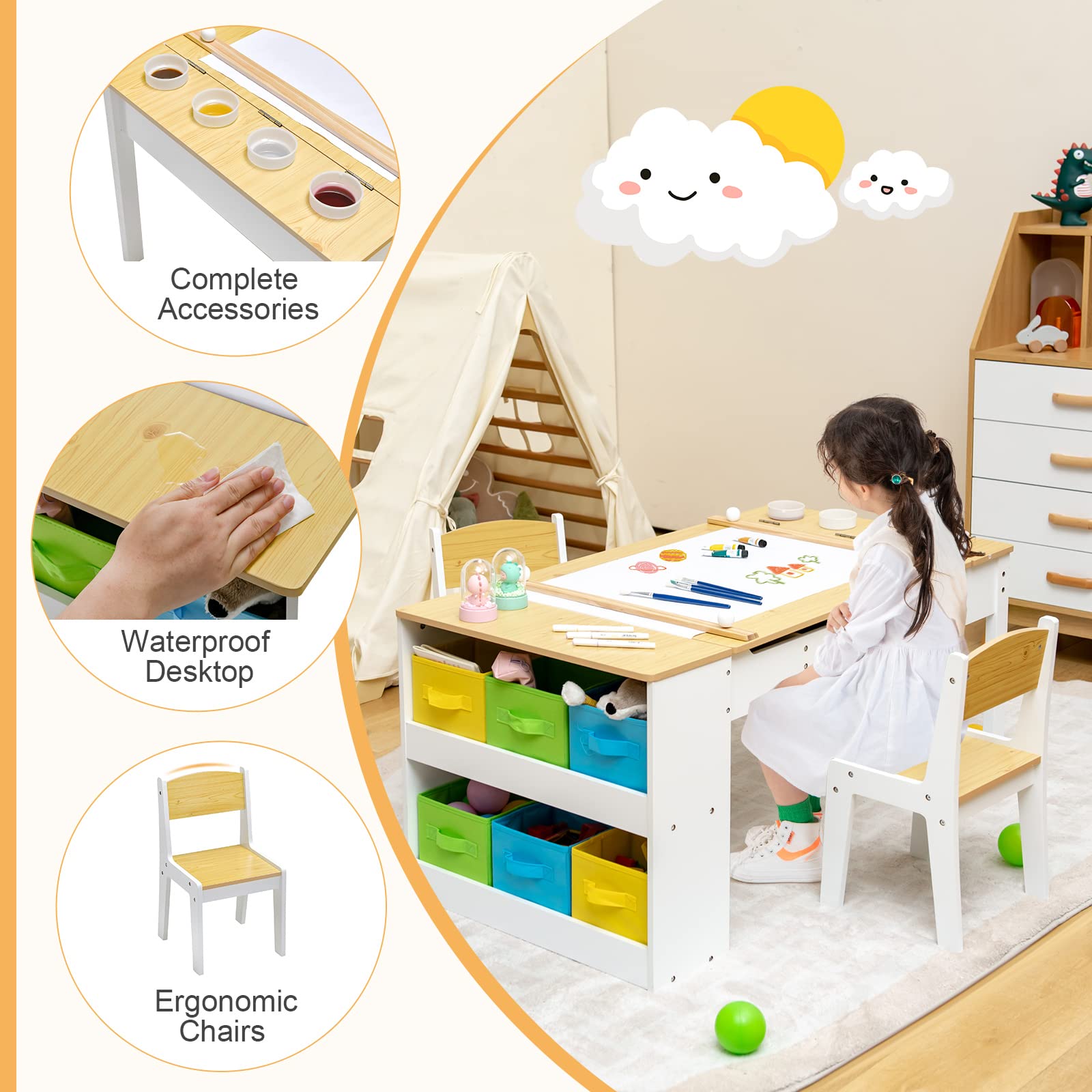 Costzon 2 in 1 Kids Table and Chair Set, Wood Art Table & Easel Set with 2 Chairs, 6 Storage Bins, Paper Rolle (Natural)