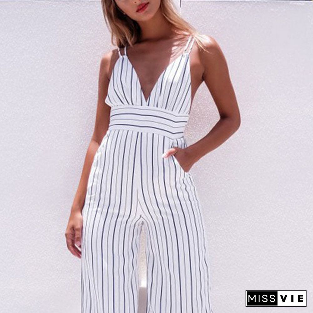 Strappy Spaghetti Strap Striped Plunge High Waisted Jumpsuit Low Back