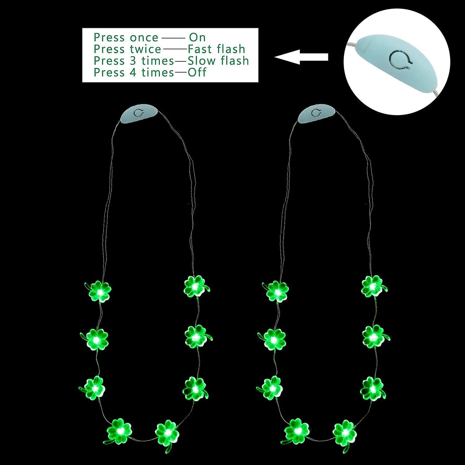 St Patrick's Day Party Favors， Light Up Lucky Clover Glowing Necklace 8 Leds Shamrocks Set Of 2 With Multi Flashing Options For Parade Spring Green De